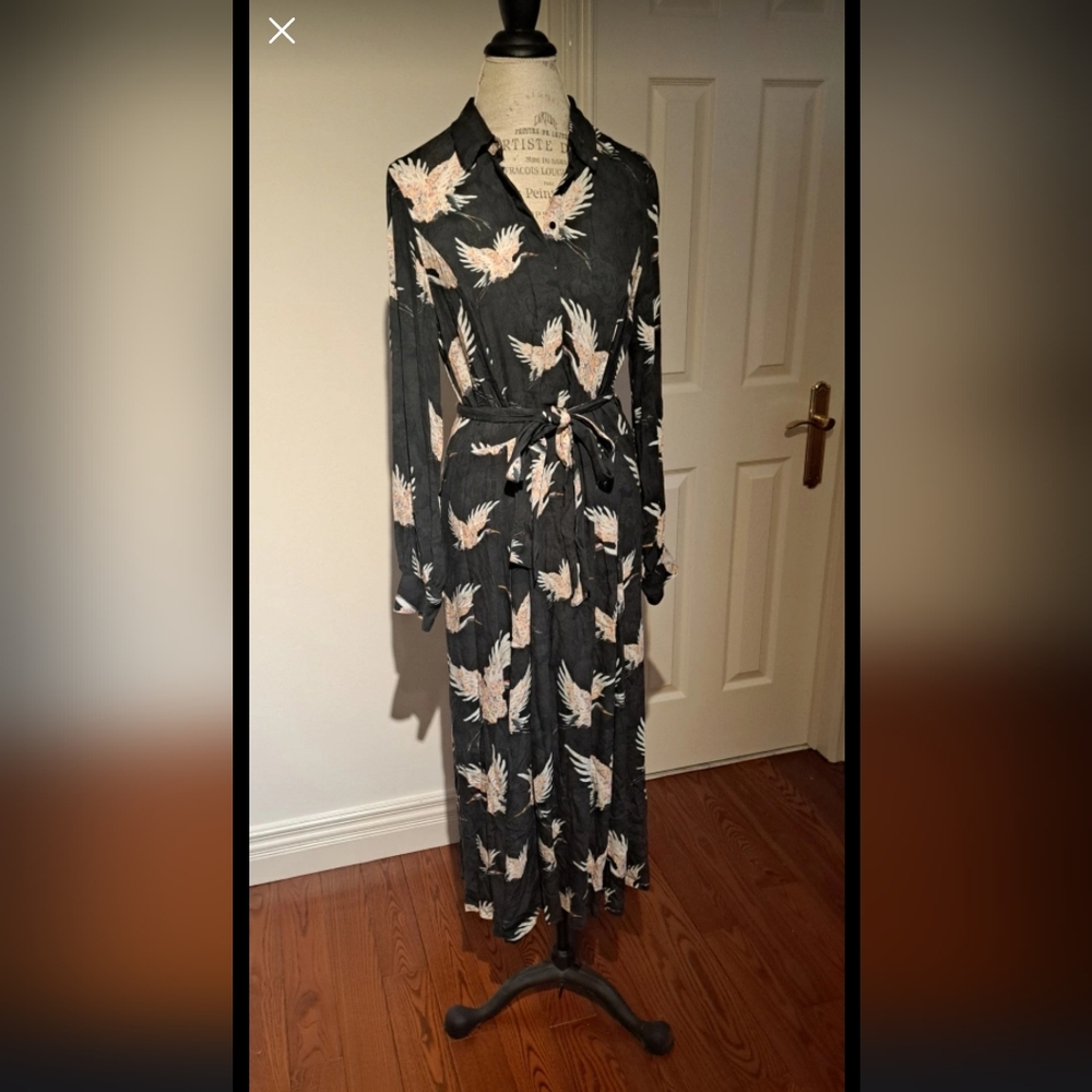 H&M Black Maxi Shirt Dress with Cream Bird Print